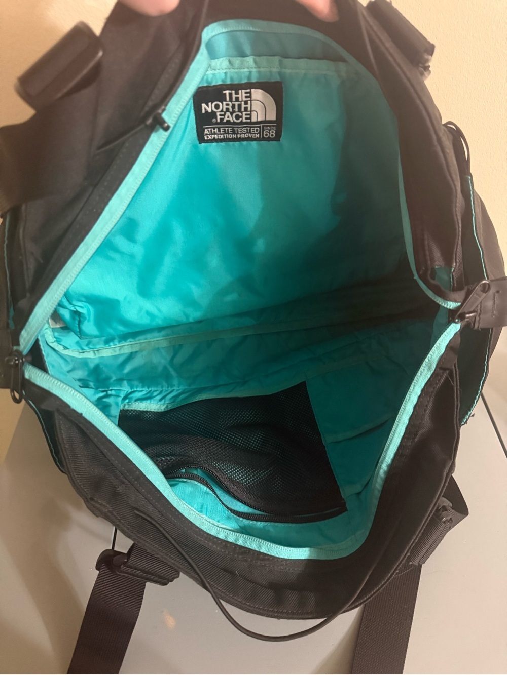 THE North Face Tote Backpack Duffle Black Blue Bag 17.5” W 10” L - Picture 3 of 6